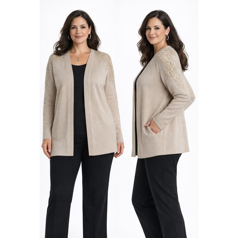 LIV Milano Women Cardigan Sweater Large Beige Lace Embellished Elegant NWT